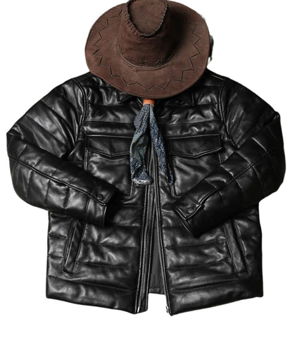 Men's Black leather puffer jacket